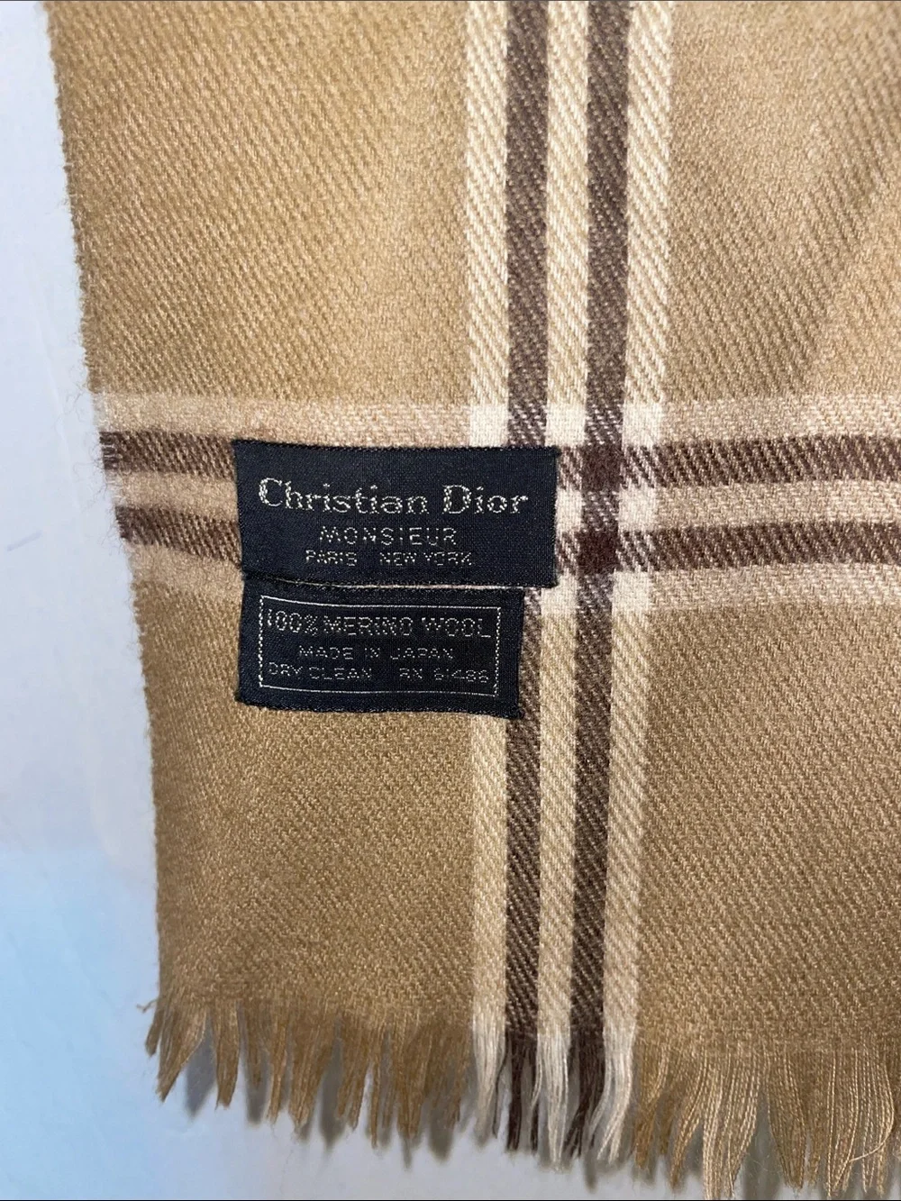 Vintage Christian Dior Scarf Made In Japan 100% Merino Wool Beige & Brown Plaid